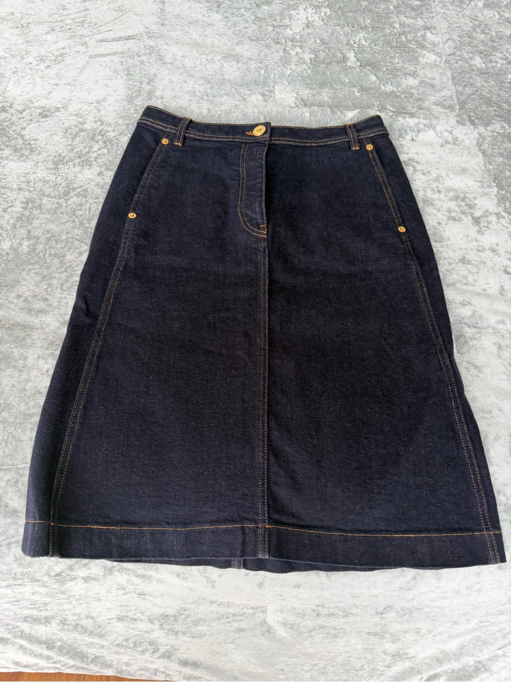 Versace Dark Indigo Denim A-Line Skirt with Gold Rivet Details
